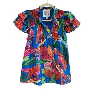 Alden Adair Mattie Top in Blue Flock Tropical Bird Colorful Vacation Blouse XS